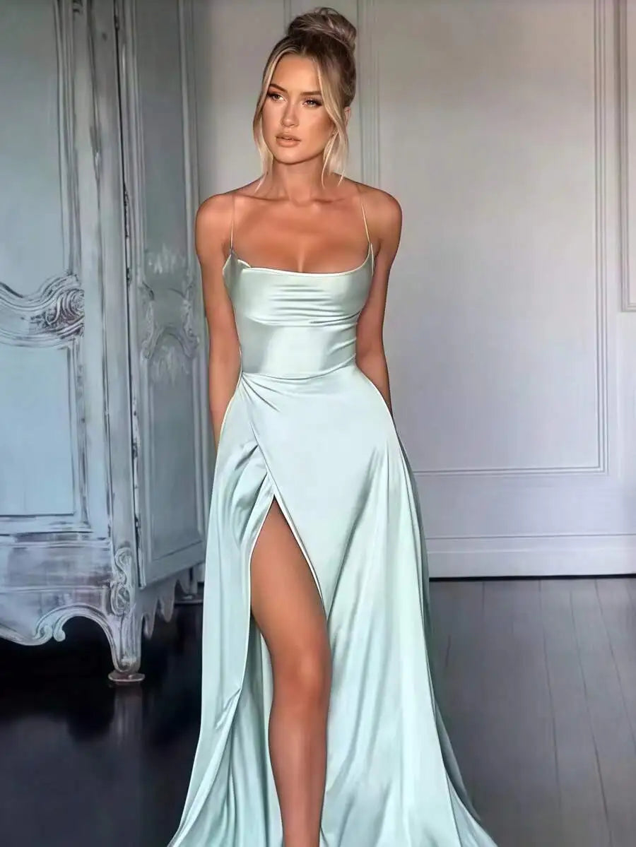 Satin Spaghetti Strap Prom Dress With High Slit And Draping