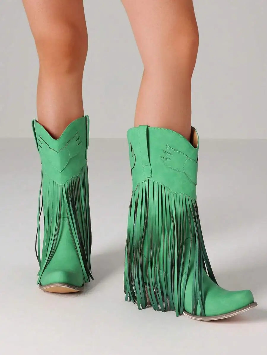 Green Fringe Western Cowgirl Boots Women Slip-On Pointed Toe Chunky Heel Mid Calf Retro Festival Boots