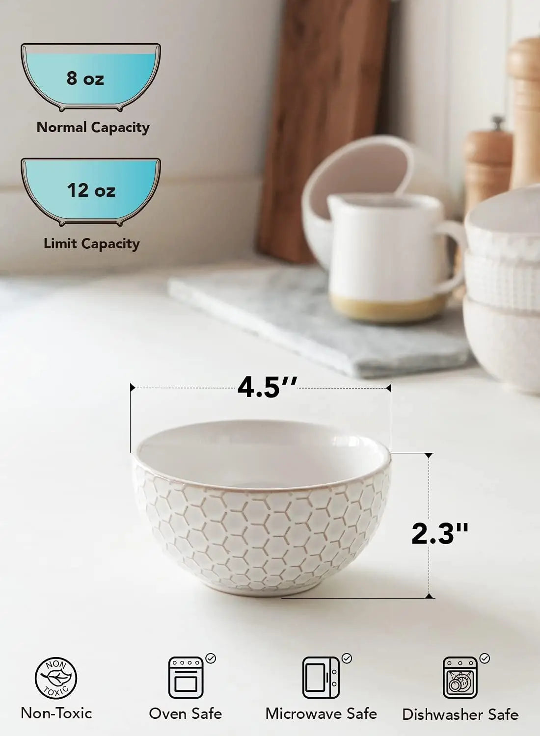 4.5 Inch Ceramic Embossed Stoneware Bowls Set of 4, Arctic White for Dessert Fruits Side Dishes Housewarming