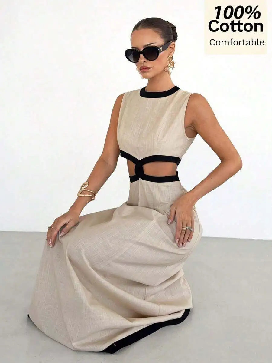 Cotton Sleeveless Color Block Hollow Out Dress With High Waist