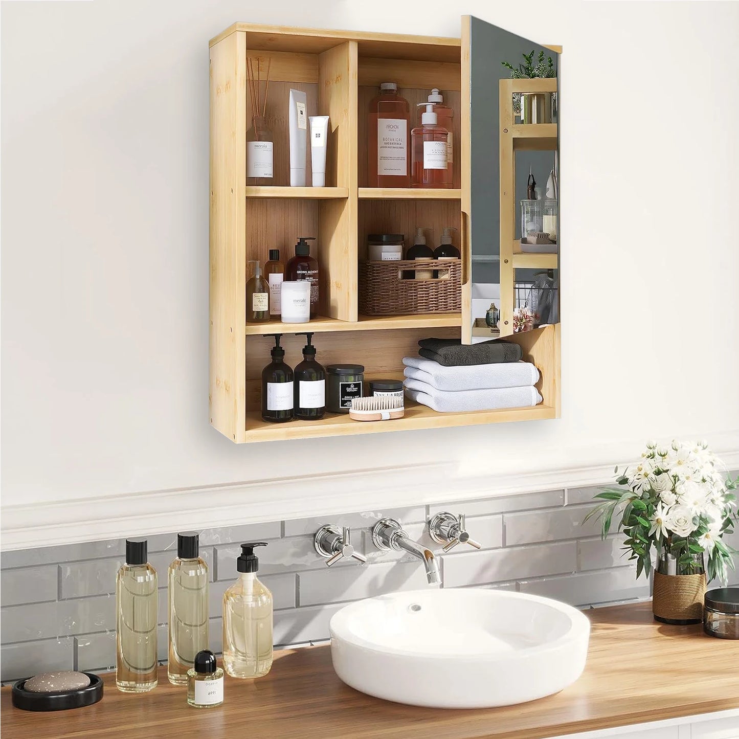 Bathroom Wall Mounted Bamboo Medicine Cabinet Mirror Large Storage Shelving