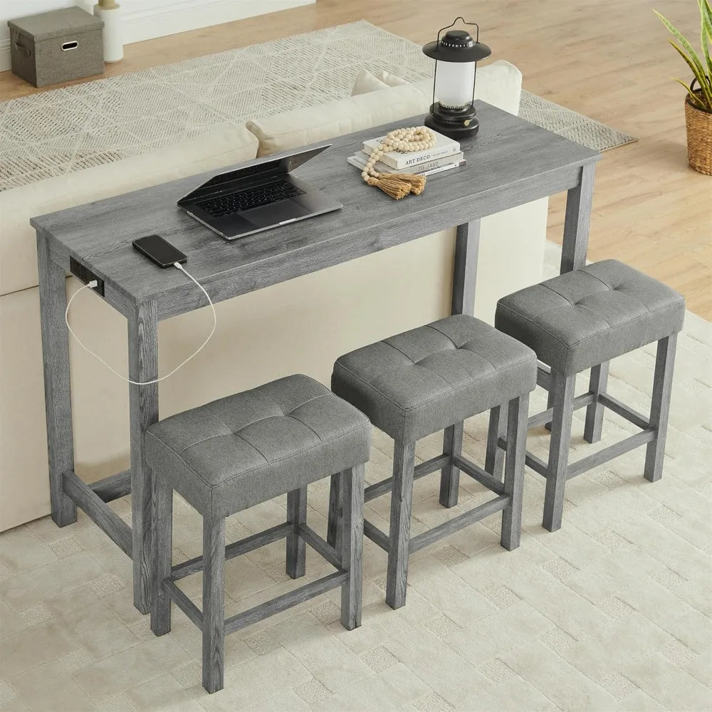 Industrial Style 3-Seat High Bar Table Set with Power Outlet, 4-Piece Dining Set Including Padded Stools