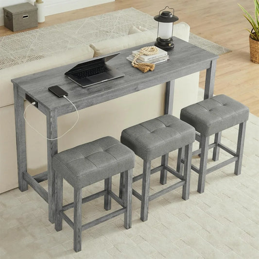 Industrial Style 3-Seat High Bar Table Set with Power Outlet, 4-Piece Dining Set Including Padded Stools