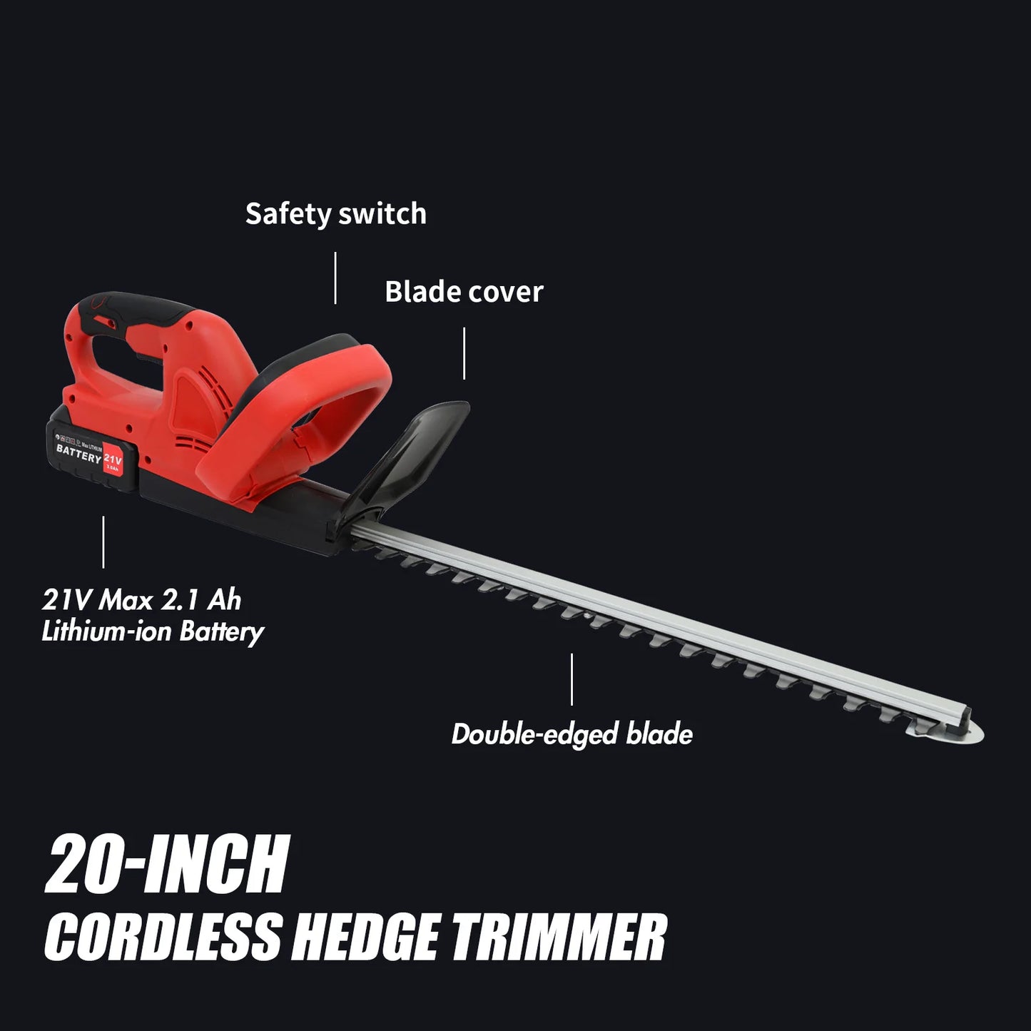 20 Inch Cordless Electric Hedge Trimmer Garden Lawn Mower Tools Dual-Blade 550W 21V with 3.0Ah Battery Charger For Shrub Pruning