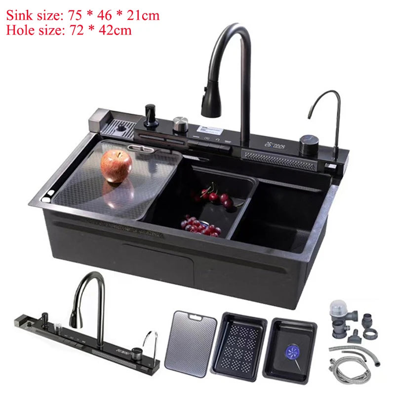 304 Stainless Steel Kitchen Sink Double Waterfall Single Slot Integrated Digital Display Faucet Set Soap dispenser Cup Washer