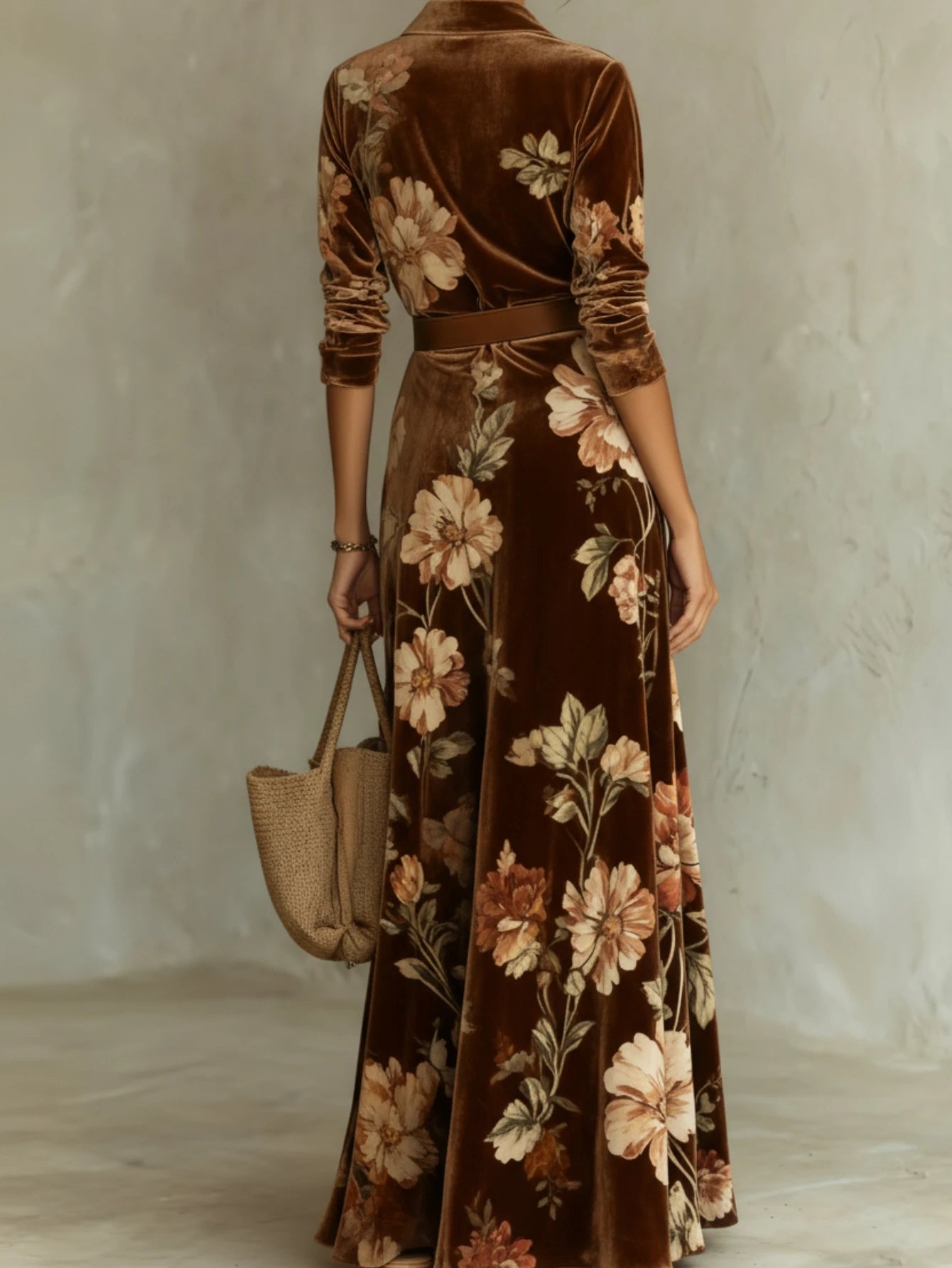 Women Lapel Collar Long Sleeve Floral Print Maxi Dress Waist‑Defined Flared Hem Long Gown For Holiday Formal Occasion