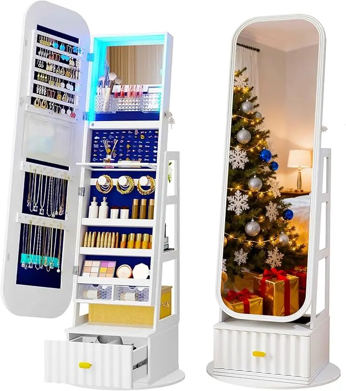 Full Length Jewelry Mirror Cabinet With Storage And Rotating Stand