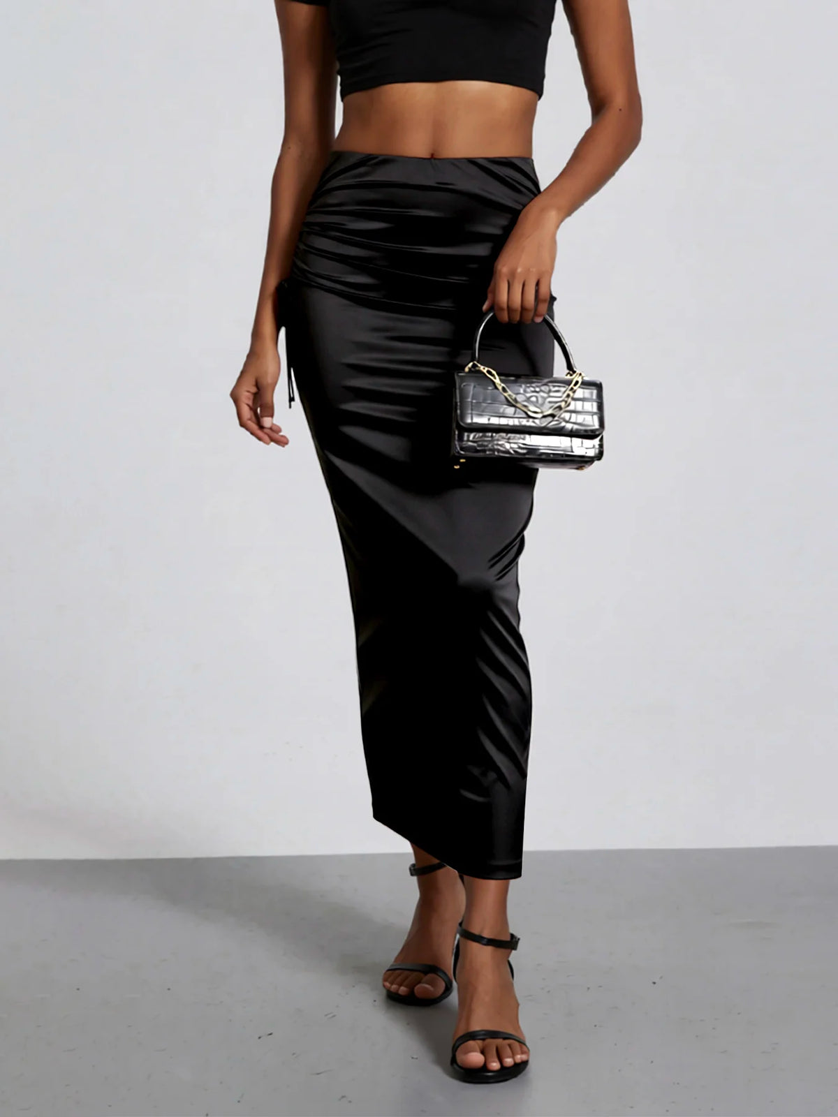 Women Satin High Waist Ruched Midi Skirt Elegant Evening Wear
