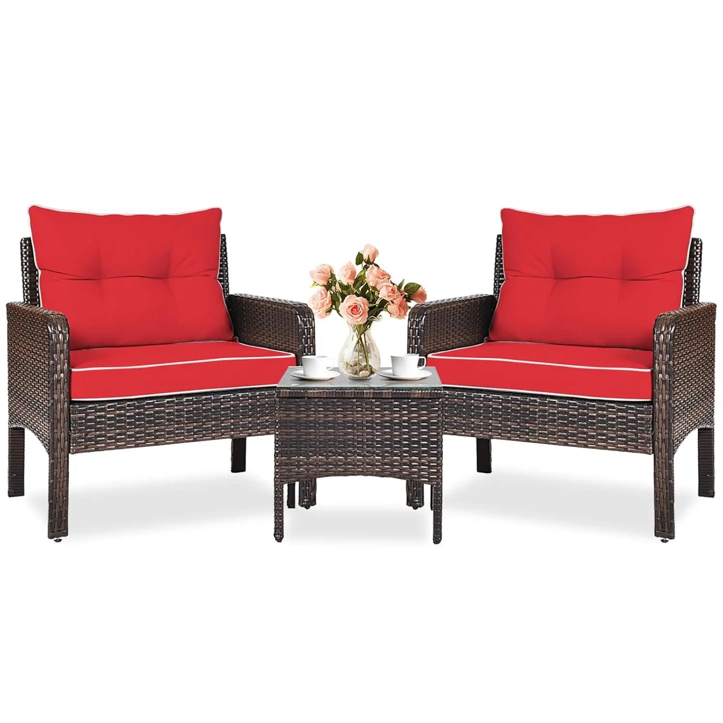 3 Piece Patio Furniture Set, Outdoor Wicker Conversation Bistro Set with 4 Cushions, All Weather PE Rattan, Customized