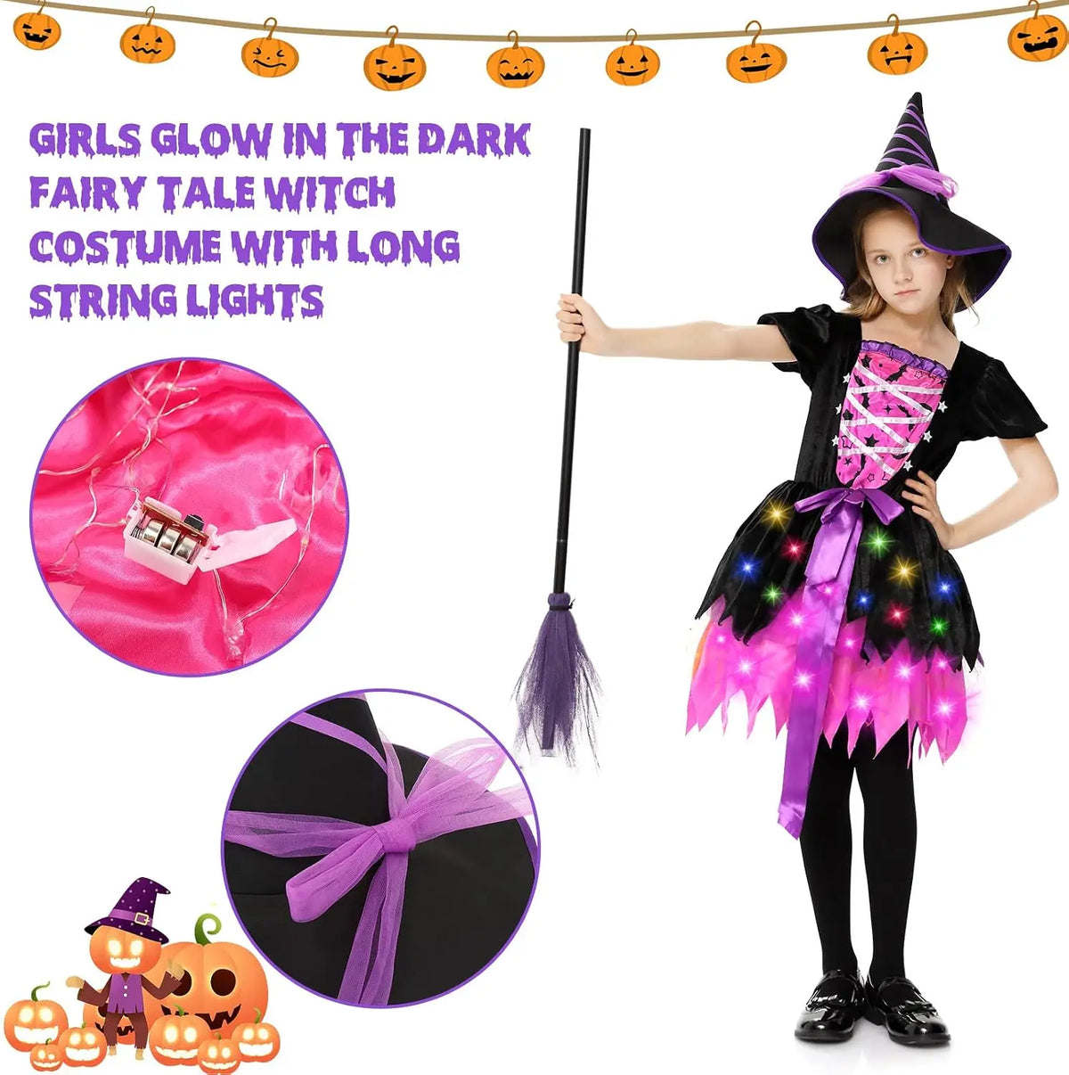 Halloween Girls Light-Up Pink Witch Costume with Hat Kids Fancy Dress Outfit Carnival Cosplay Party Role Play  for Parties, Photos and Pretend Play