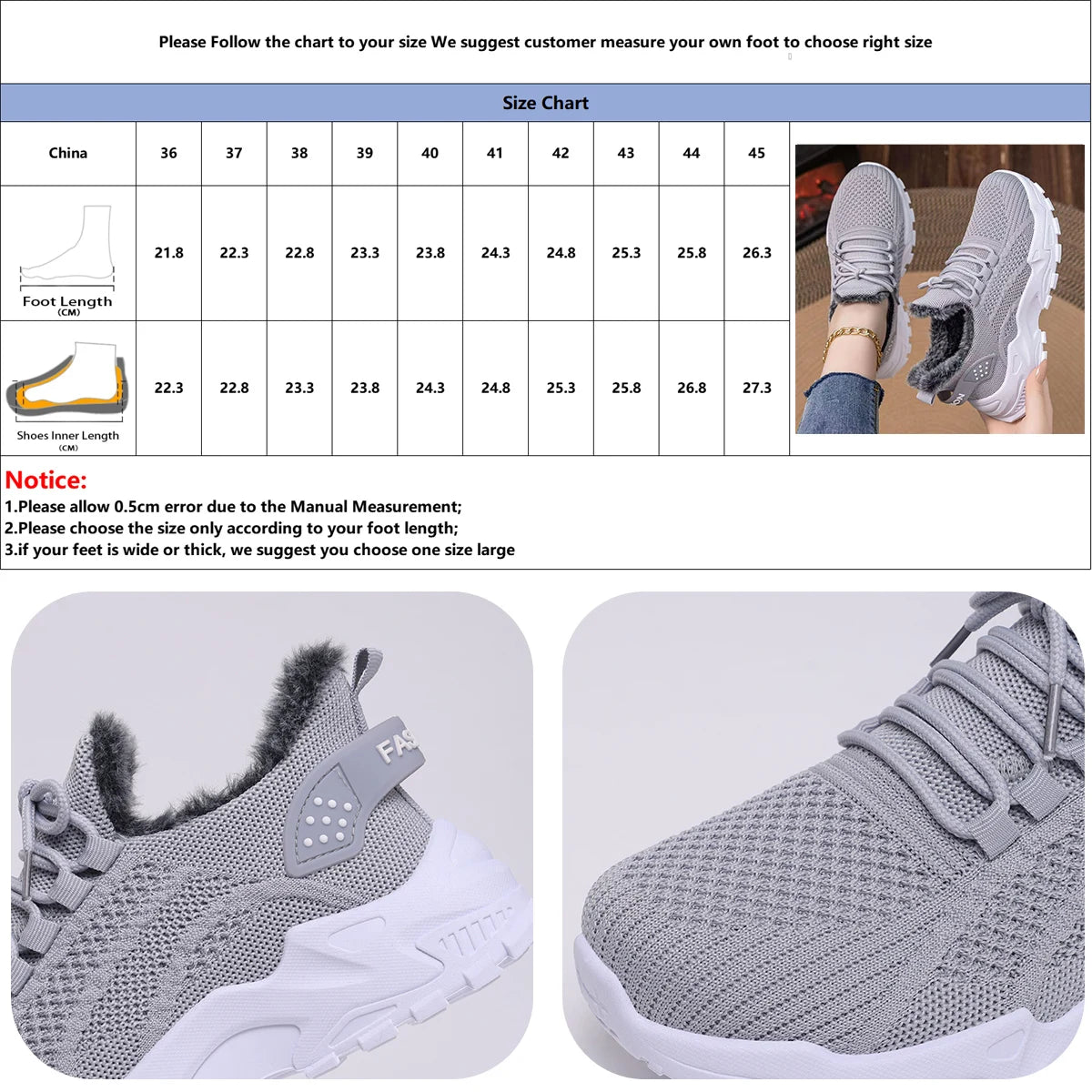 Winter Warm Womens Sneakers With Non Slip Soles