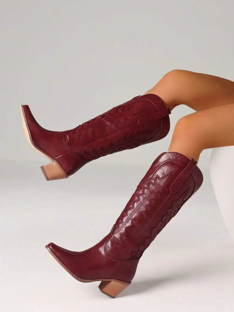 Womens Embroidered Knee High Western Boots Pointed Toe Block Heel Casual Festival
