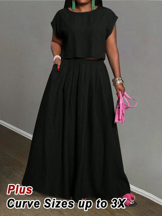 Emerald Green 2-Piece Set for Plus Size Women, Short Sleeve Crop Top & Maxi Skirt, Summer Casual Outfit