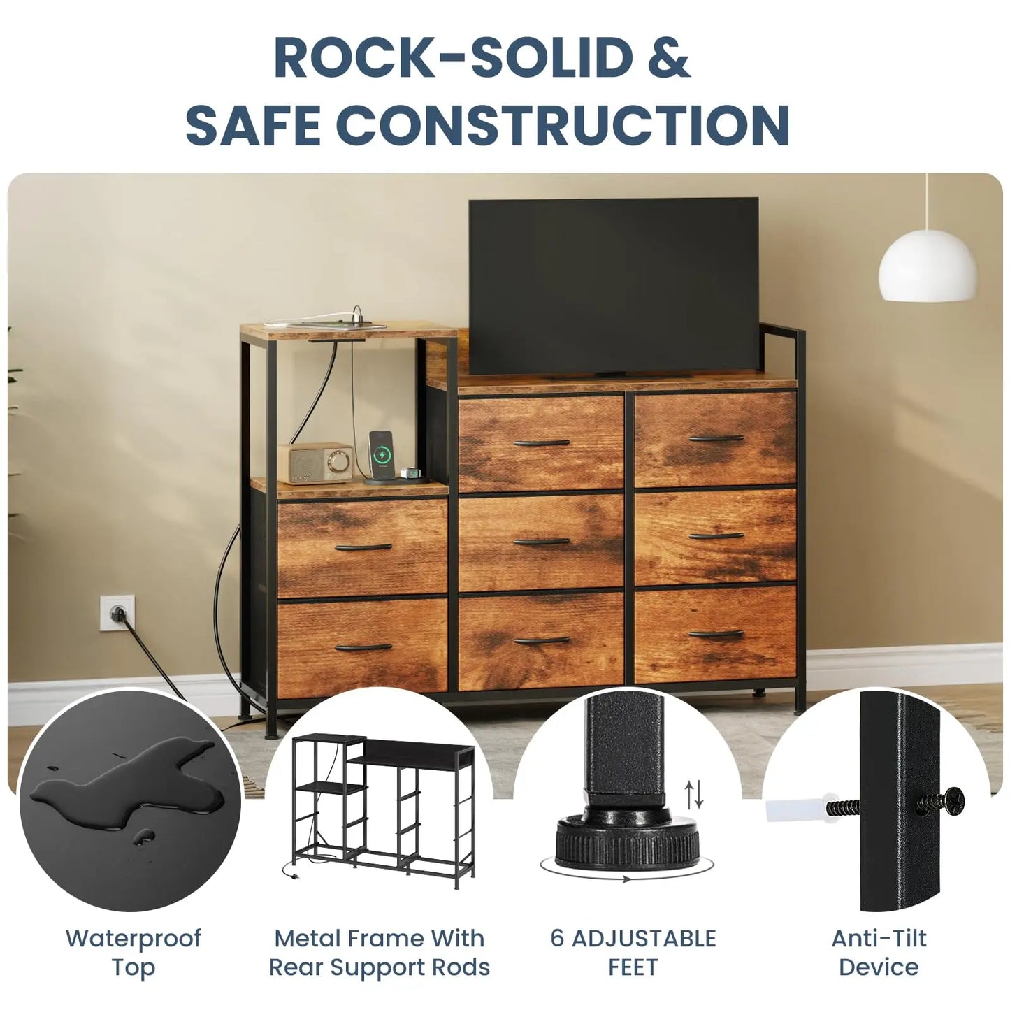 MCQ 8 Fabric Drawers And1 Open Space Cabinets Metal Frame Bedside End Table Storage With Charging Station for Home Furniture
