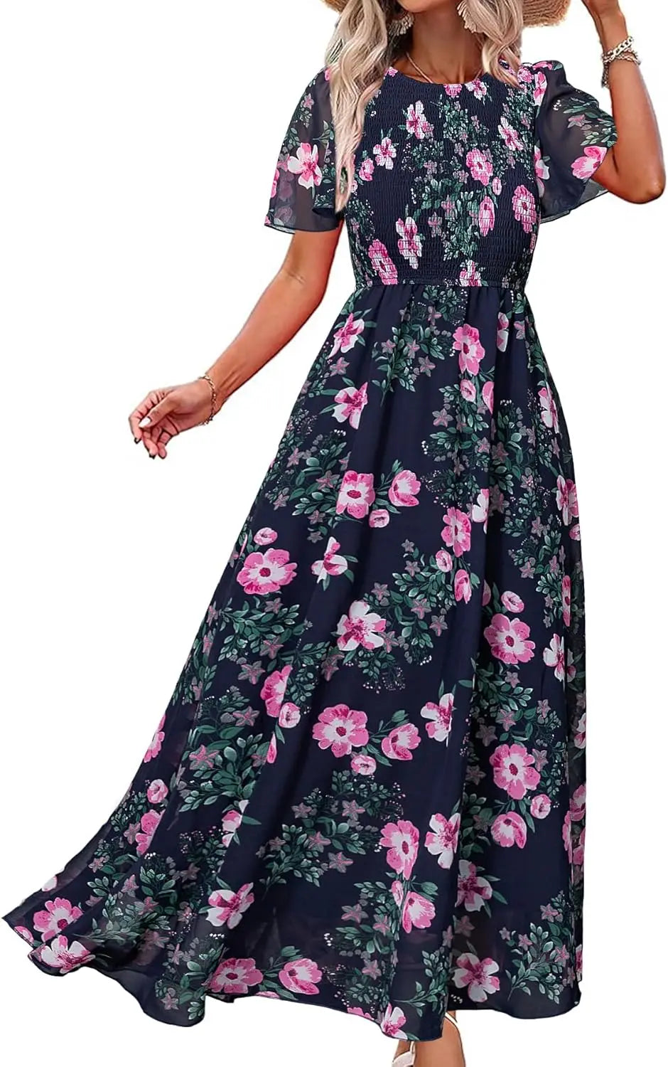 Floral Casual Summer Maxi Dress Chiffon With Smocked Short Sleeve