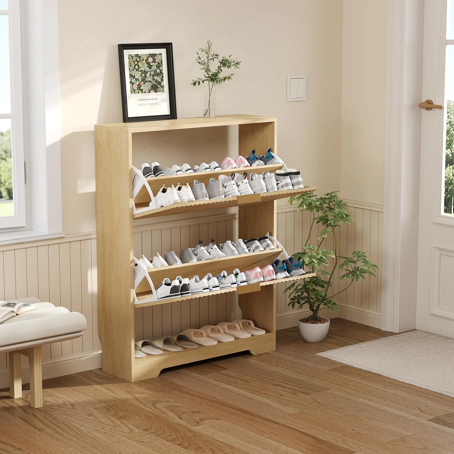 Narrow Shoe Storage Cabinet With 2 Flip Drawers, Slim Fluted Hidden Freestanding Wooden Shoe Rack For Entryway Hallway Foyer