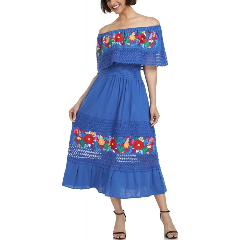 Women Cotton Off Shoulder Mexican Peasant Casual Dress