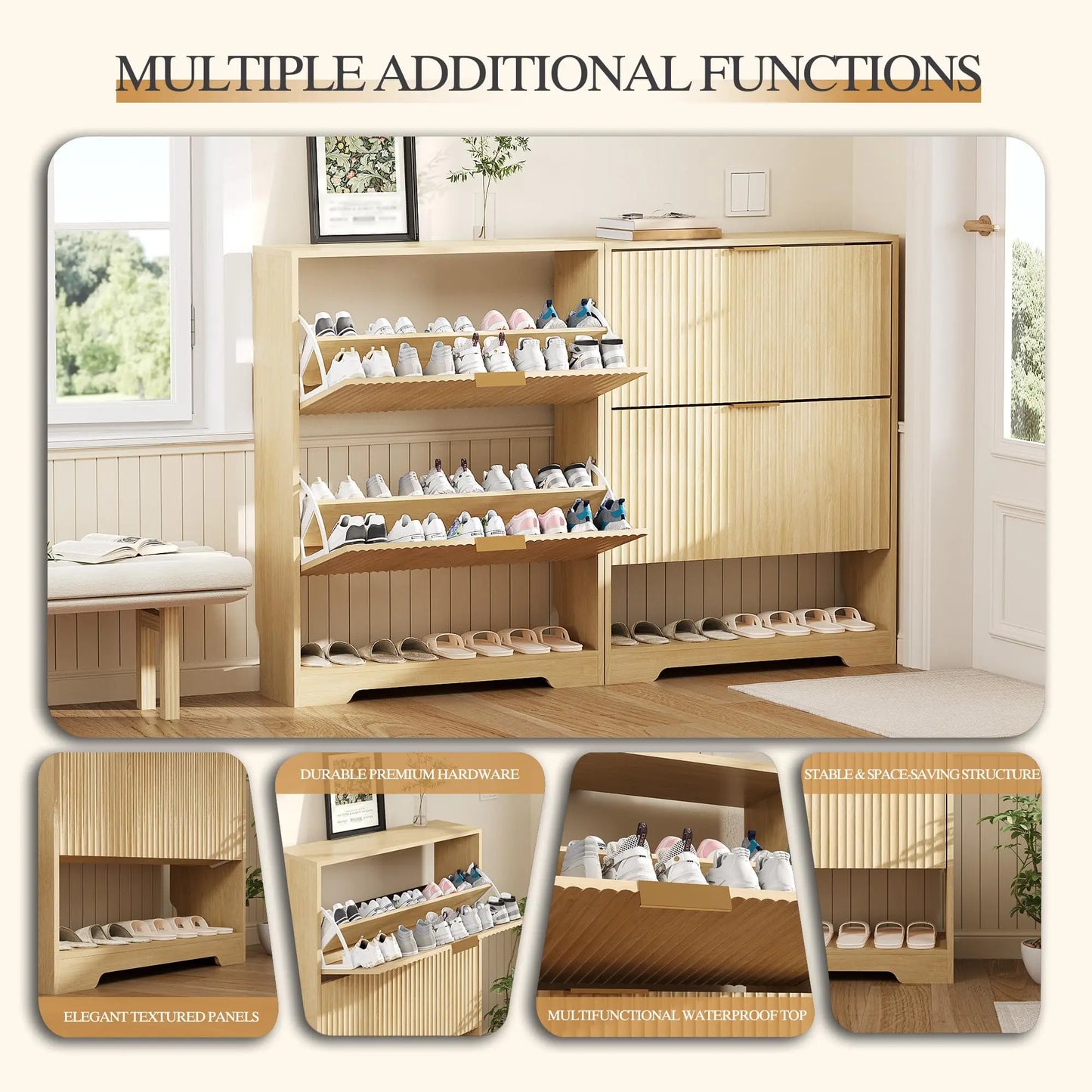 Narrow Shoe Storage Cabinet With 2 Flip Drawers, Slim Fluted Hidden Freestanding Wooden Shoe Rack For Entryway Hallway Foyer