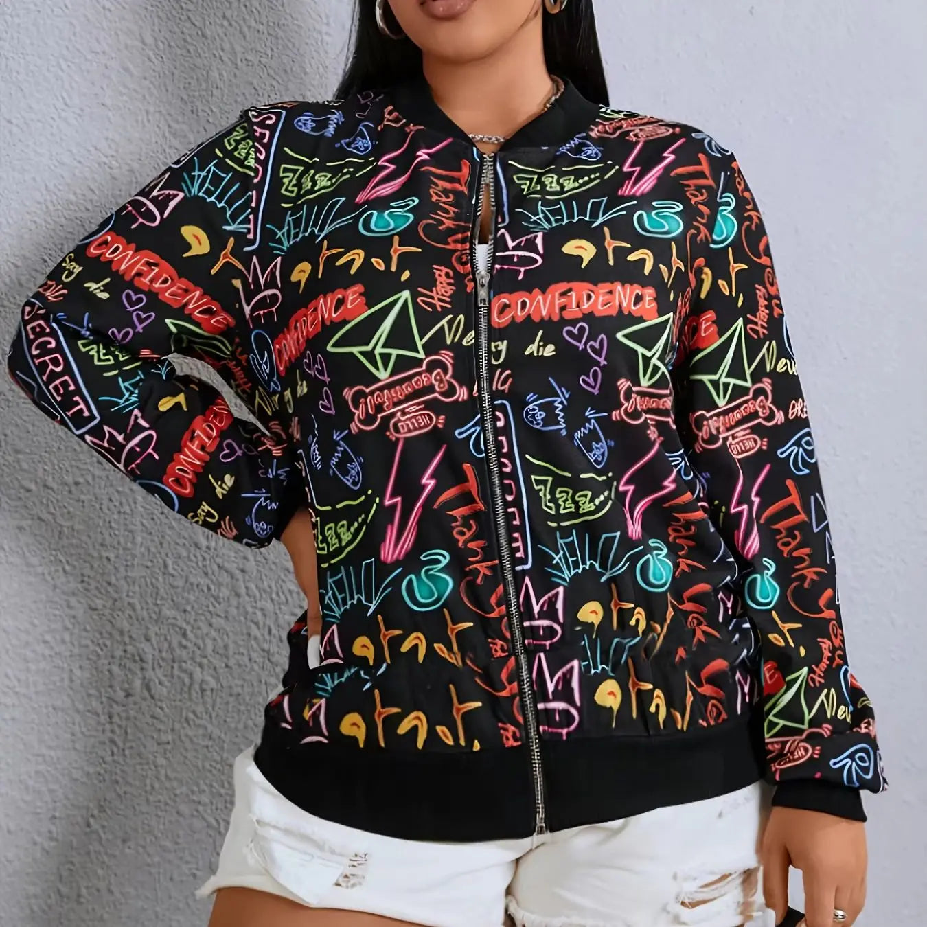 Plus size women's colorful neon graffiti print baseball jacket zipper street style casual slimming stand collar jacket coat