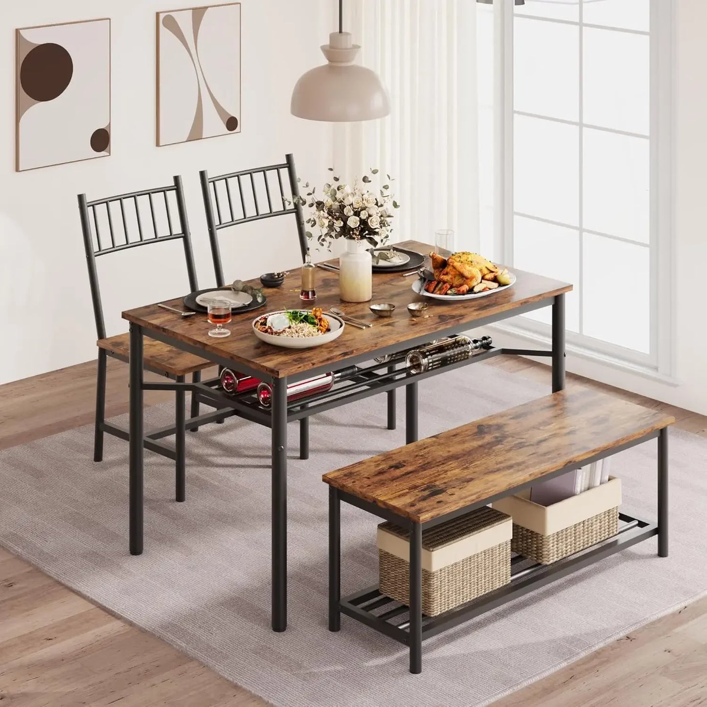 BestsellerBestsellerDining Table Set for 4 with Bench and Chairs, 4-Piece Kitchen Table Set with Storage – Space-Saving Dining T