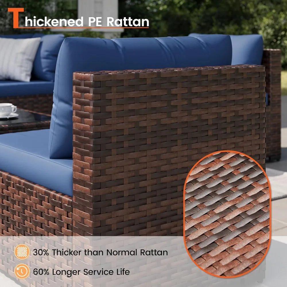 Patio Furniture Set, 7-Piece Outdoor Sectional Rattan Sofa Set with Coffee Table (Navy Blue Cushions with Brown, Customized