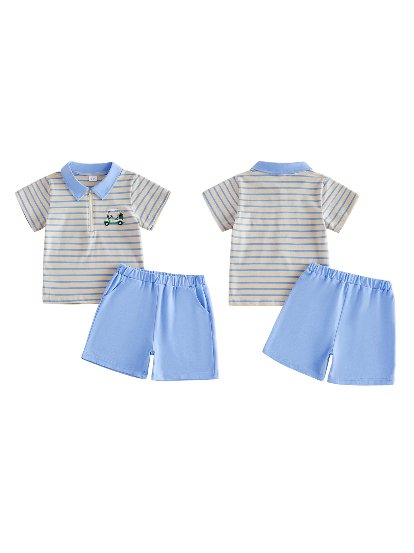 Infant Summer Outfit Set with Short Sleeve Lapel Collar Embroidered Top and Matching Shorts for Baby Boys and Girls 2 Piece
