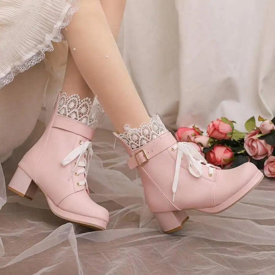 Women Pink Kawaii Lolita Boots Chunky Mid Heel Ankle Lace Up With Bow Pearl Ruffle Platform