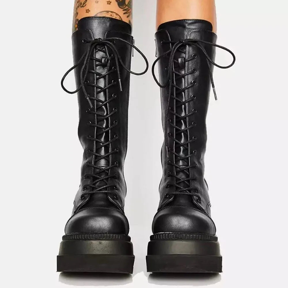 DoraTasia Gothic Lace Up Round Toe Mid Calf Boots With Side Zipper