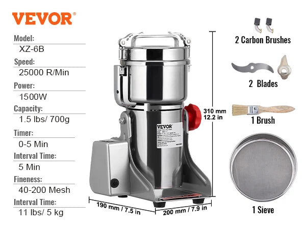 VEVOR Electric Grain Mill Grinder for Dry Herbs and Spices