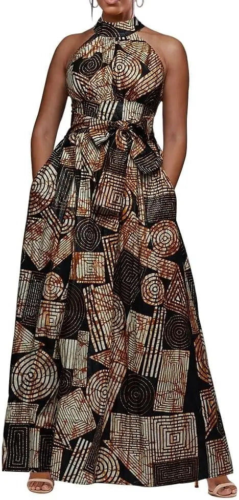 Cotton Polyester Maxi Dress With Lace-Up High Waist Collar Sleeveless