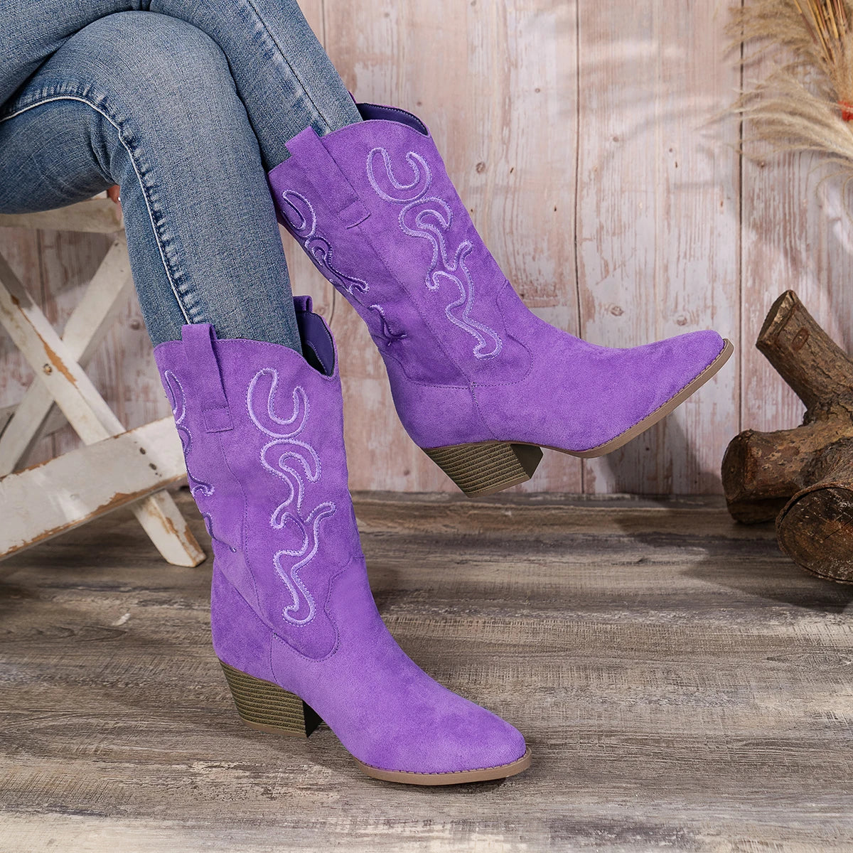 Women's Velvet Slip On Boots With Embroidered Western Design