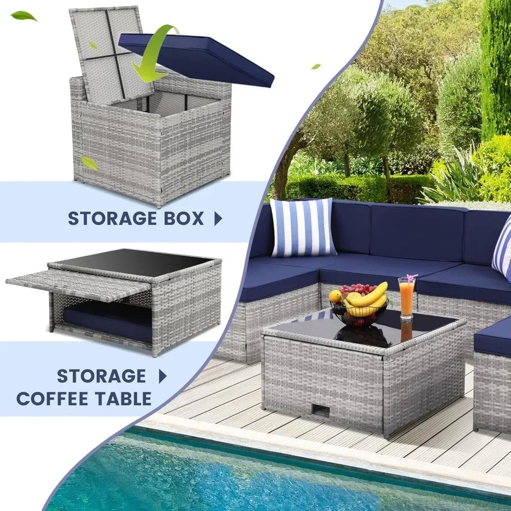 Outdoor Rattan Patio Furniture Set With Glass Table Hidden Storage