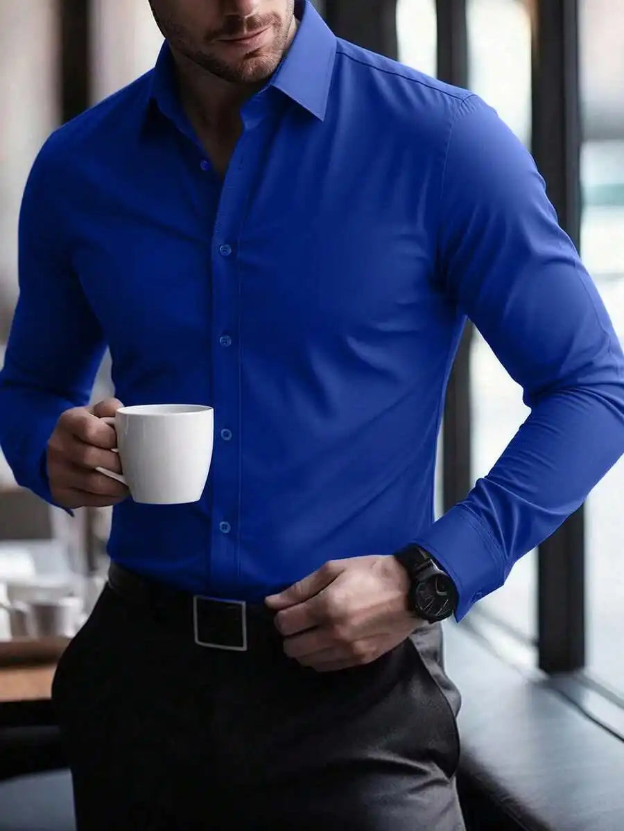 Mens Solid Color Long Sleeve Button Up Shirt Stand Collar