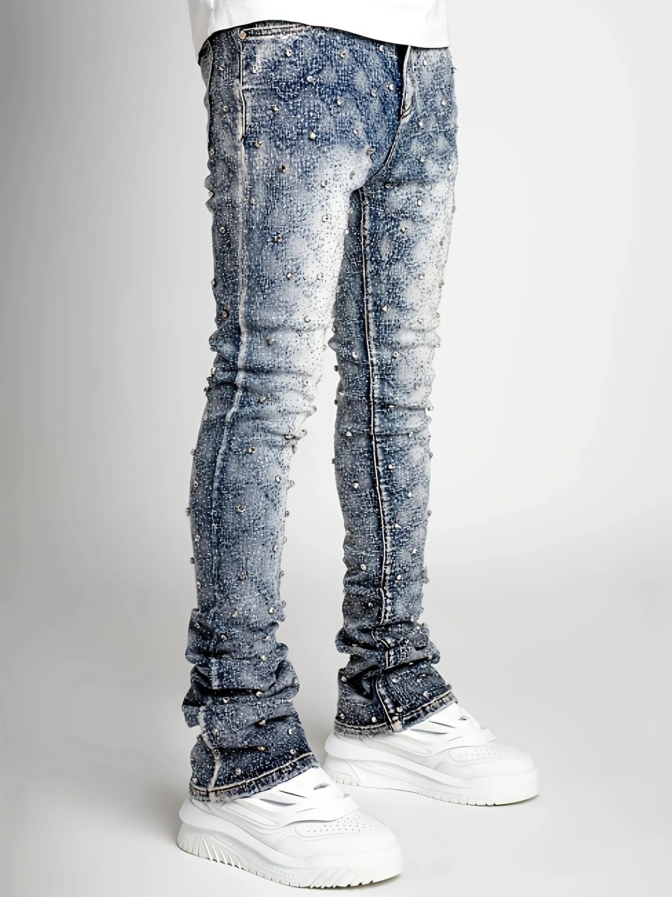 Men's denim fashion personality straight leg men's pants European and American fashion Instagram hot item elastic pearl denim la
