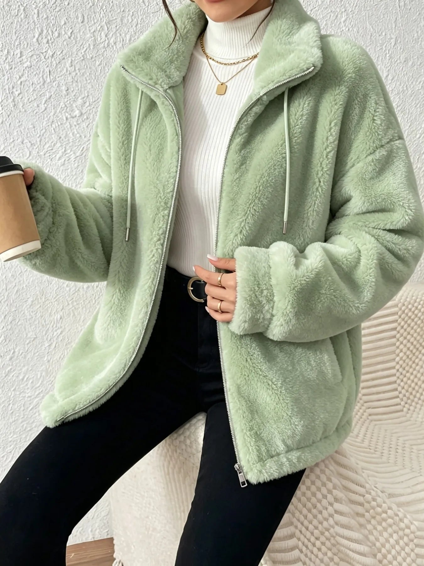 Women Fuzzy Fleece Zip Up Jacket Stand Collar Drawstring Loose Oversized Coat Warm Plush Winter Outerwear Casual Streetwear