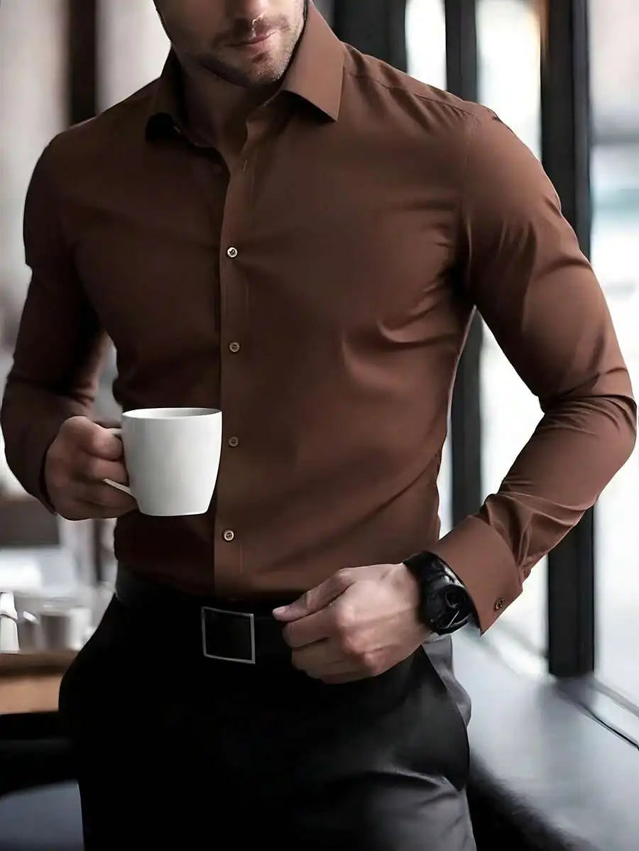 Mens Solid Color Long Sleeve Button Up Shirt Stand Collar