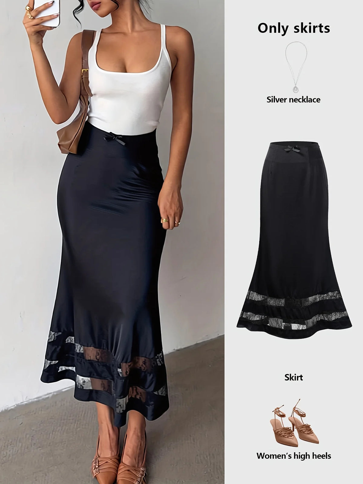 Women Elegant Satin A Line Long Skirt With Ruffle Hem
