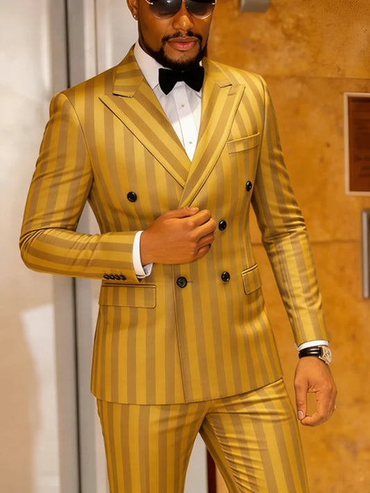 Men's Jacquard 2 Piece Slim Fit Double Breasted Suit Set