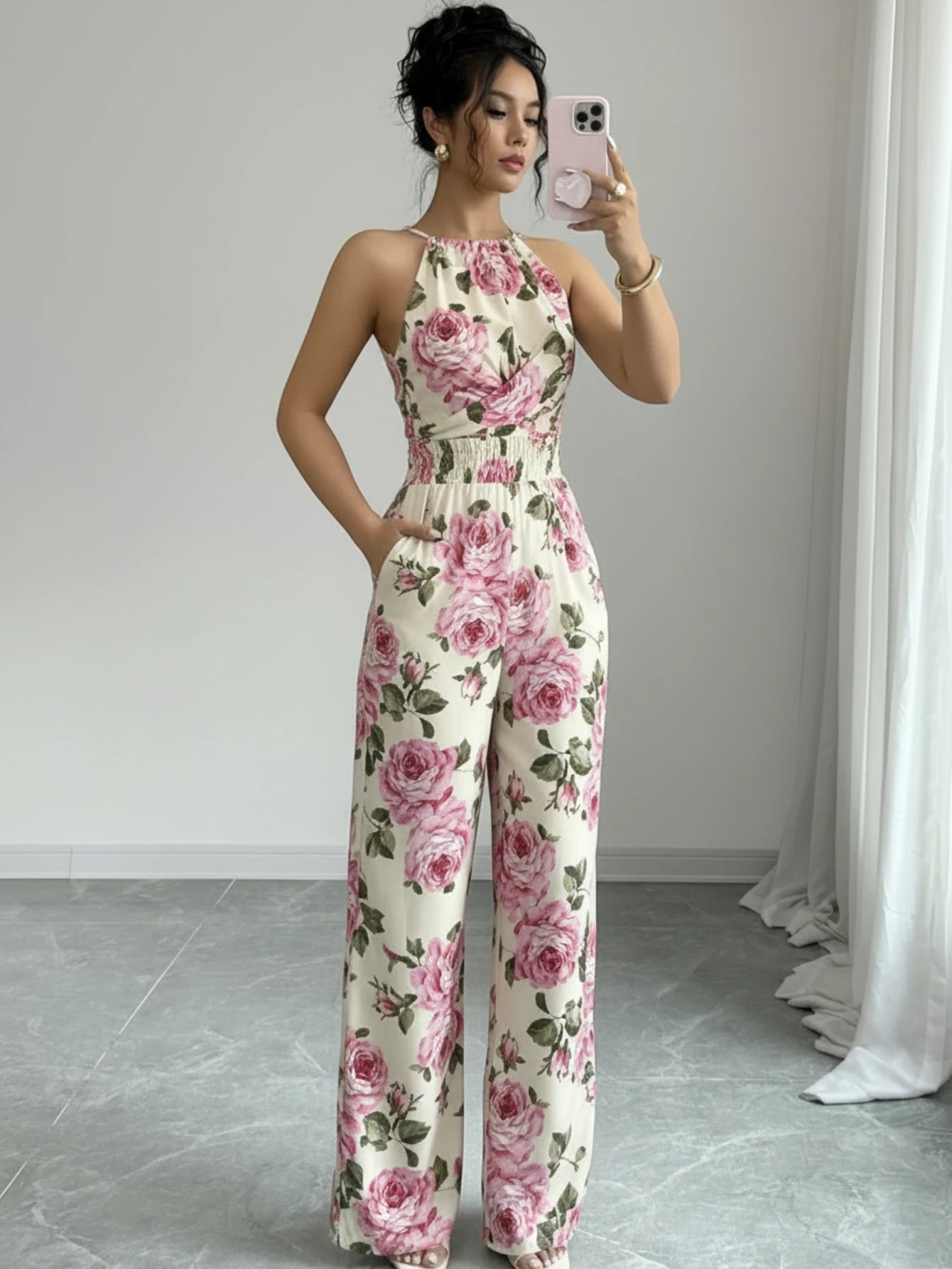 Women Halter Wrap Front Printed Wide Leg Jumpsuit For Casual Streetwear Vacation And Daily Occasion