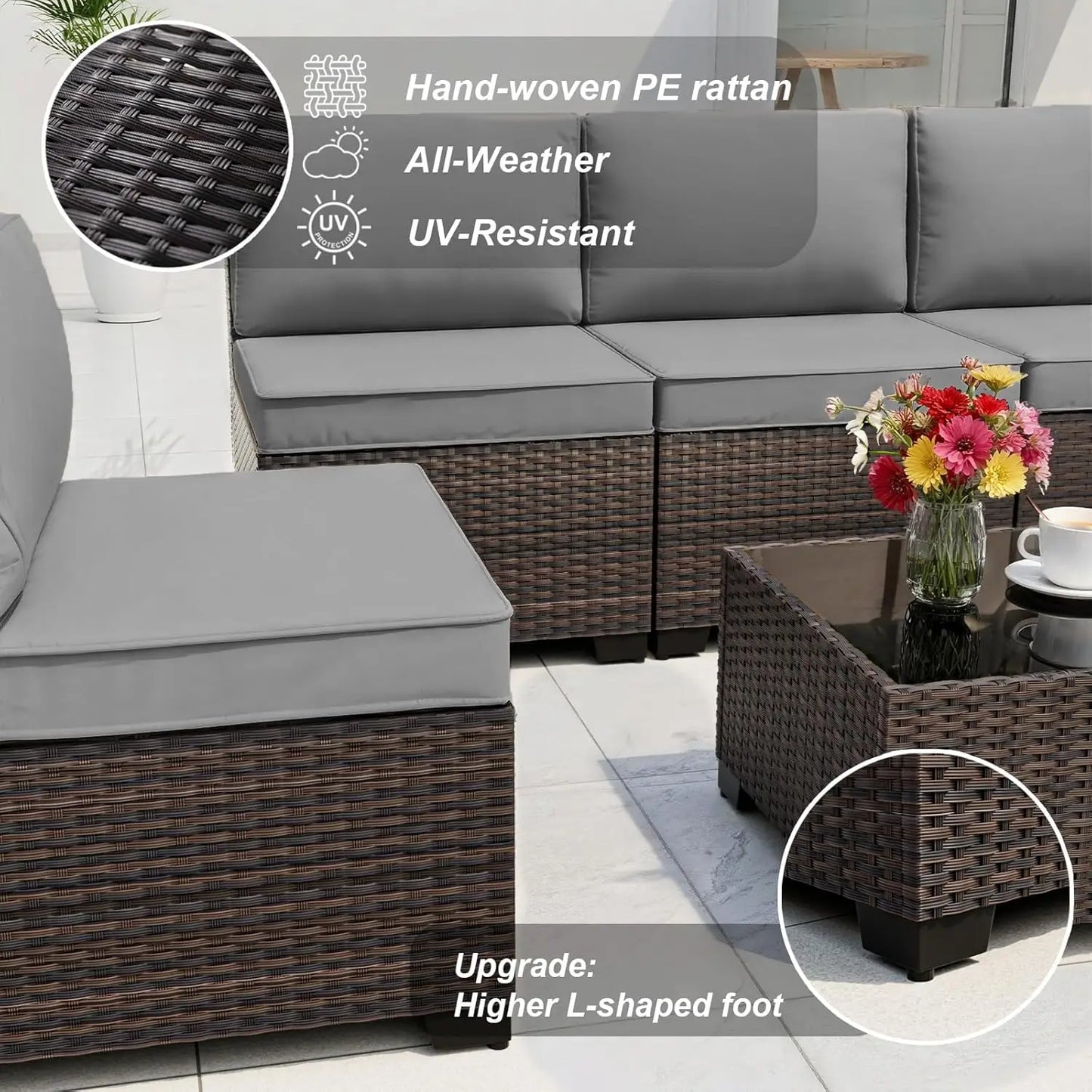 Patio Furniture Set with Coffee Table, 9 Pieces Outdoor Sectional with Wide Seat and Thick Cushion, All Weather, Customized