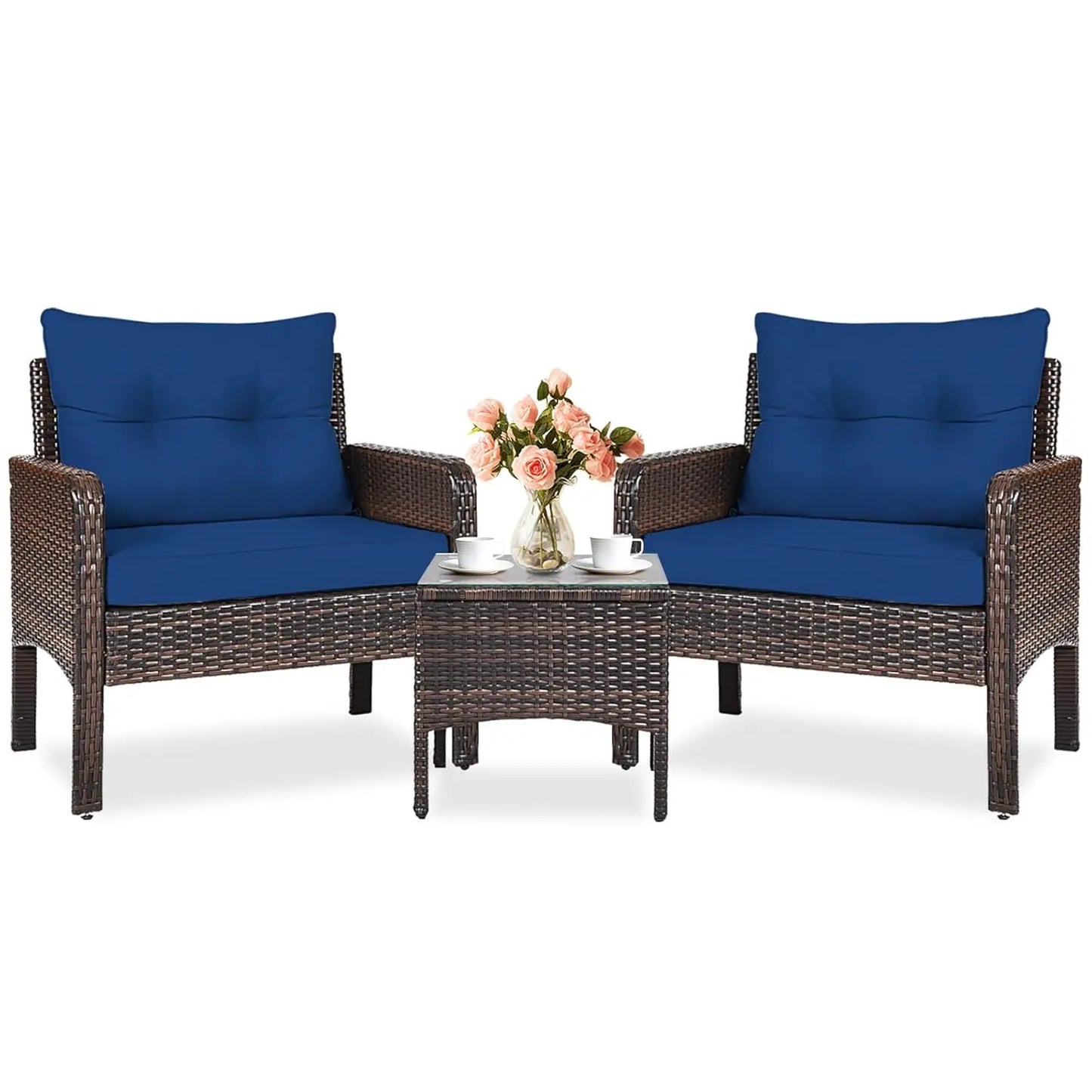 3 Piece Patio Furniture Set, Outdoor Wicker Conversation Bistro Set with 4 Cushions, All Weather PE Rattan, Customized