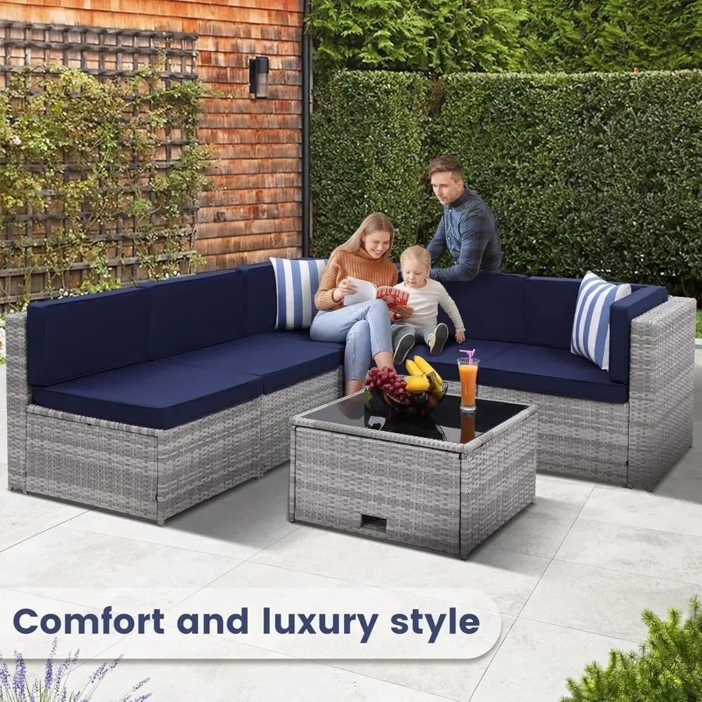 Outdoor Rattan Patio Furniture Set With Glass Table Hidden Storage