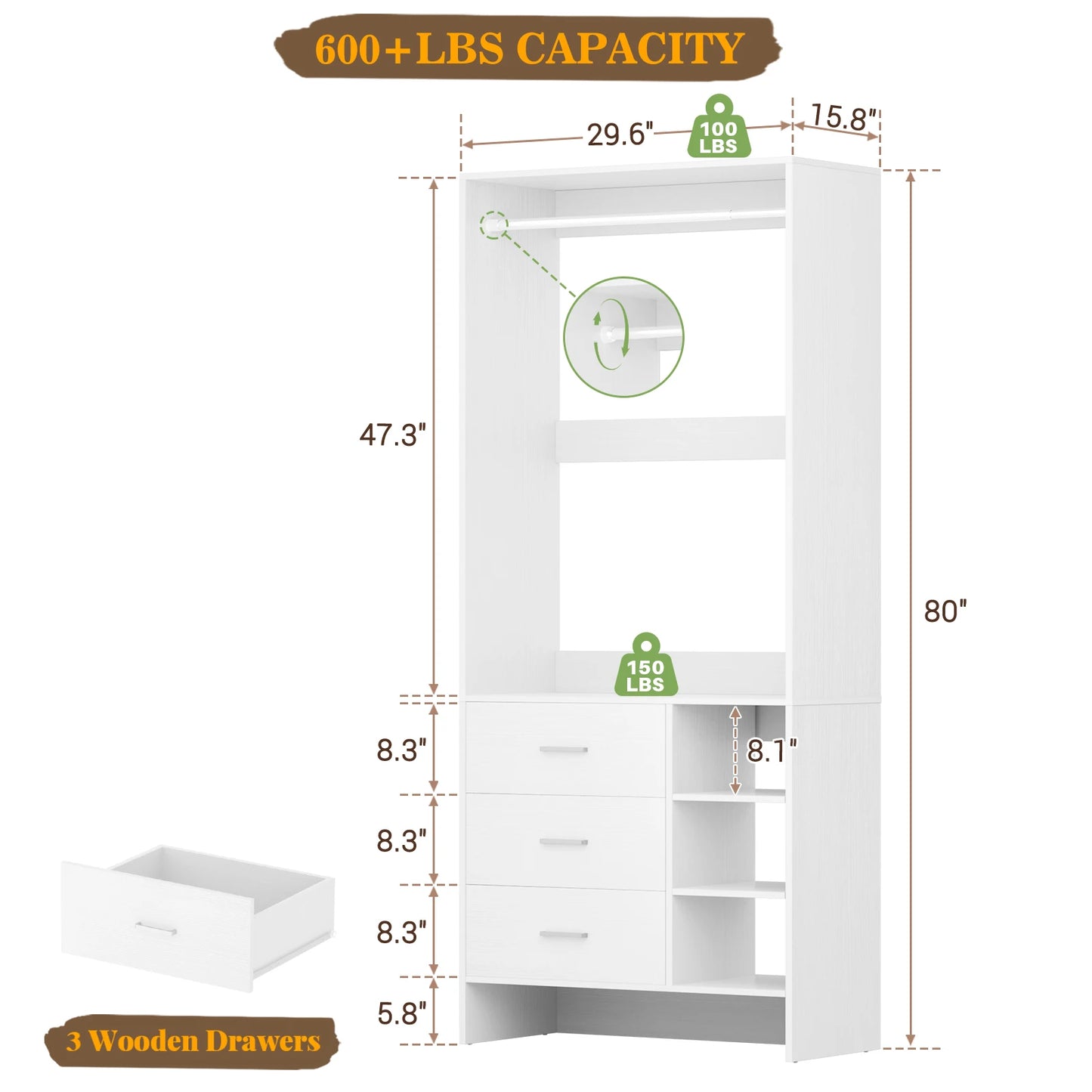 Aheaplus 2.5FT Wood Closet Organizer System with 3 Drawers 29.5'' Walk-in Or Small Closet Wardrobe with Clothes Rack And Hanging Rods