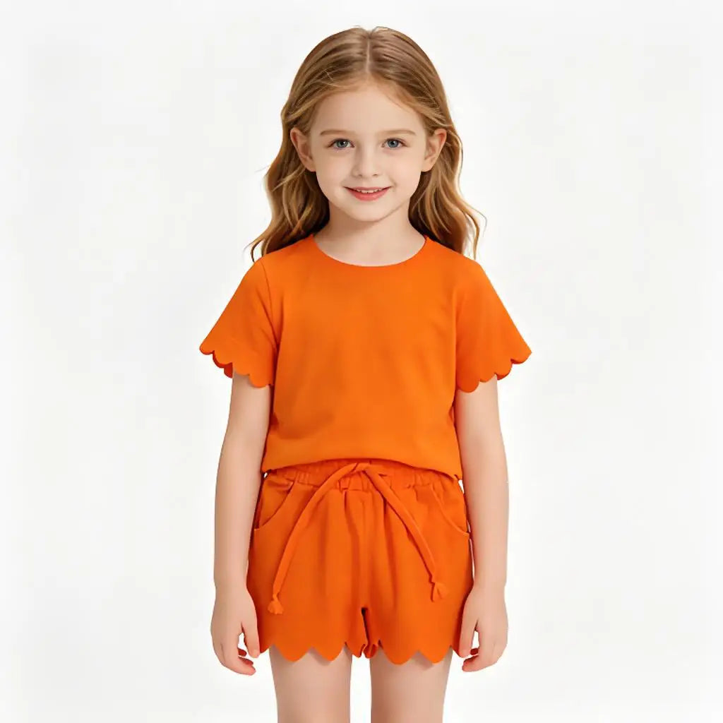 Cotton Clothes Sets for Sibling Baby Girls with Short Sleeve Top Pockets And Scallop Shorts