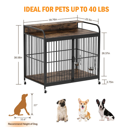 Dog Crate With Shelf And Wheels Feeder Bowls Indoor Kennel