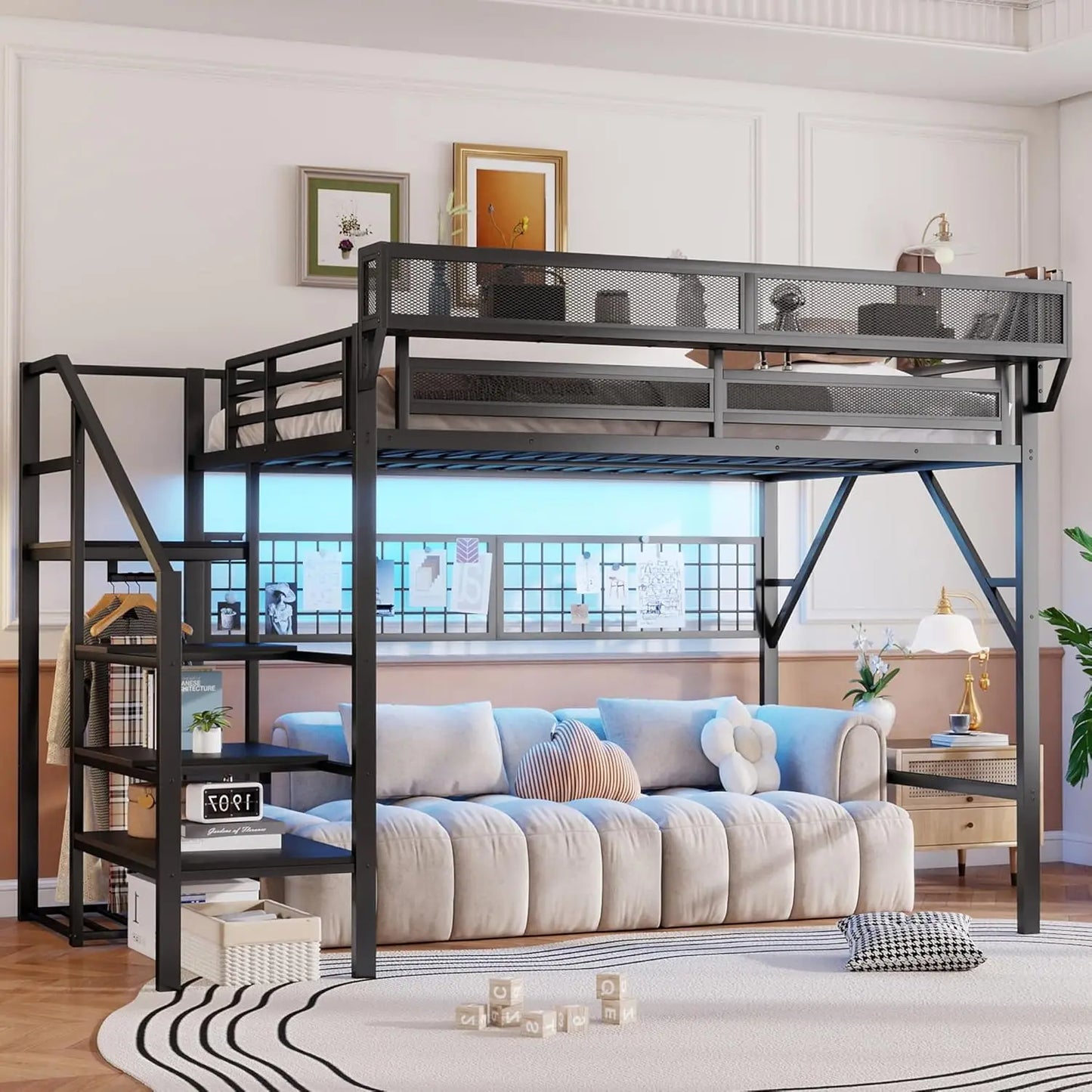 Queen Size Loft Bed Frame for Adults, Metal Loft Bed with Stairs & Storage, Wardrobe, Bedside Shelf and Large, Customized