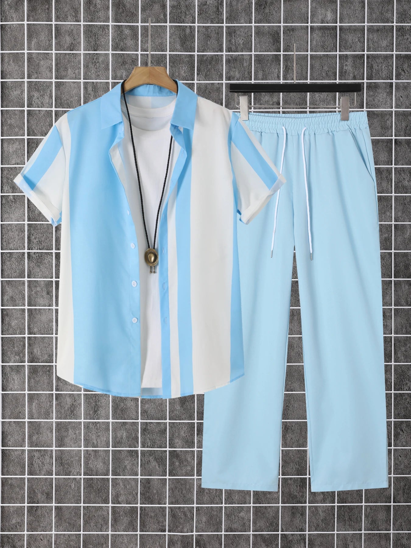 Men's Printed Short Sleeve Button Down Shirt and Pants Set