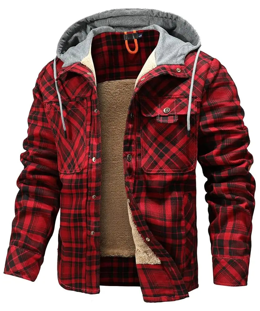 Men's Winter Hooded Plaid Flannel Sherpa Lined Jacket