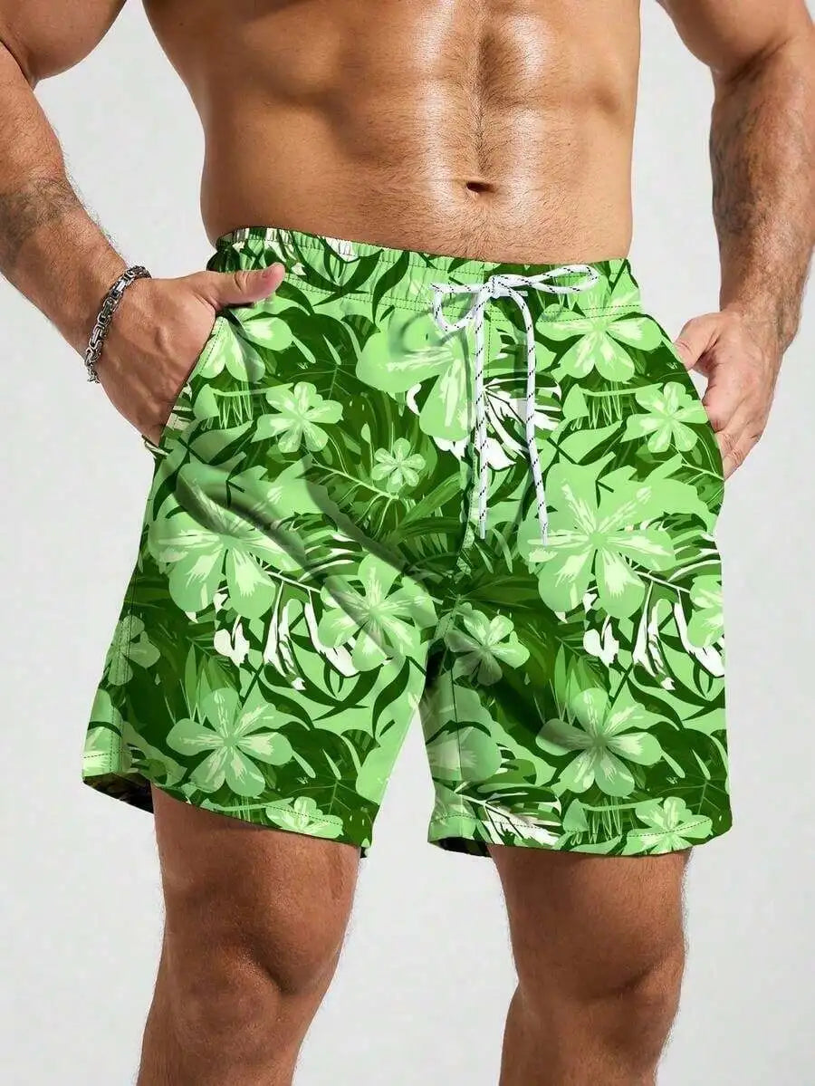 Men Floral Print Loose Fit Beach Shorts Bermuda Style Vacation Swimwear