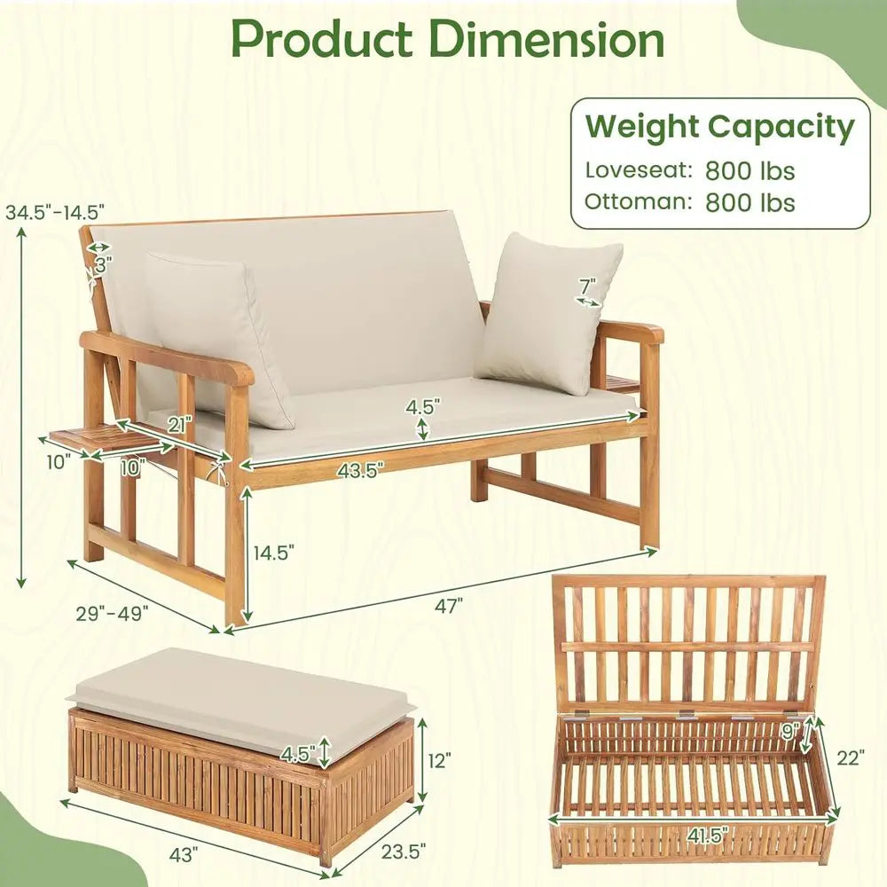 Outdoor Wooden Daybed With Ottoman Adjustable Backrest And Cushions
